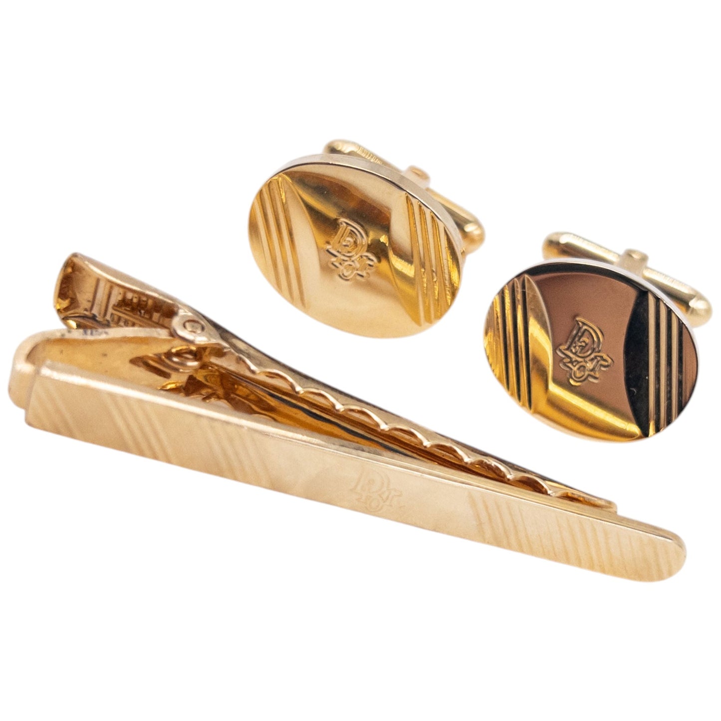 Vintage 80s Dior Embossed Cufflinks & Tie Clip Set | O/S, Gold