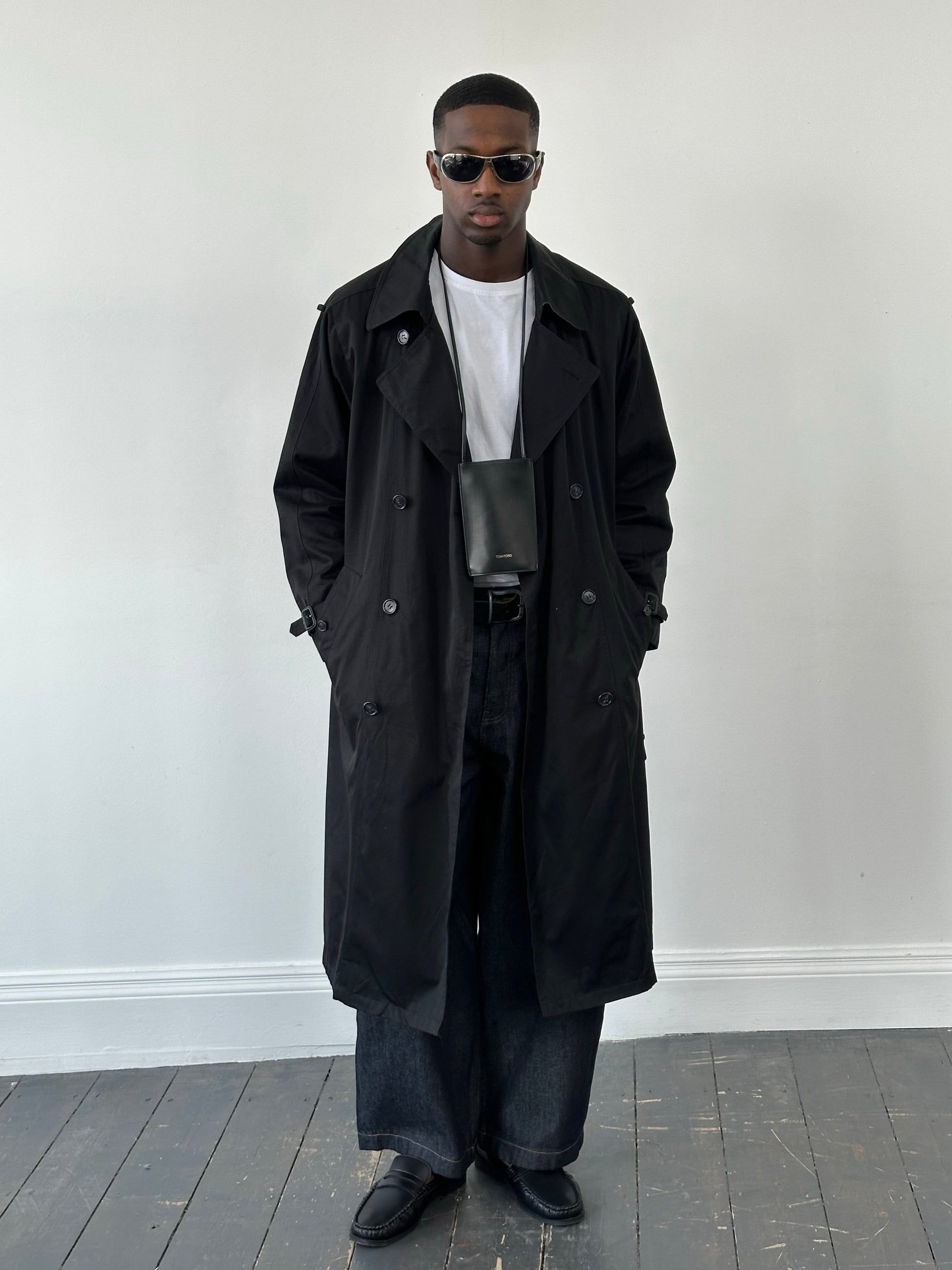 London Fog Towne 1990s double-breasted belted trench coat, classic beige coat with wide lapels and waist belt, front view.