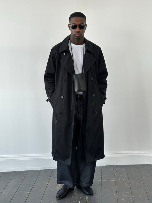 London Fog Towne 1990s double-breasted belted trench coat, classic beige coat with wide lapels and waist belt, front view.
