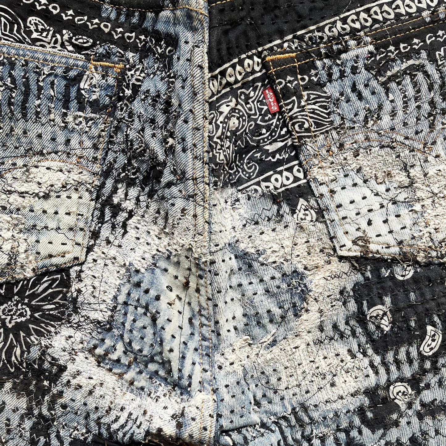 Boro Patchwork Sashiko Distressed Jeans - W34" | W34, Blue
