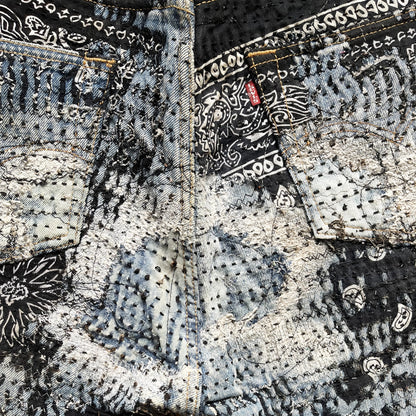 Boro Patchwork Sashiko Distressed Jeans - W34" | W34, Blue
