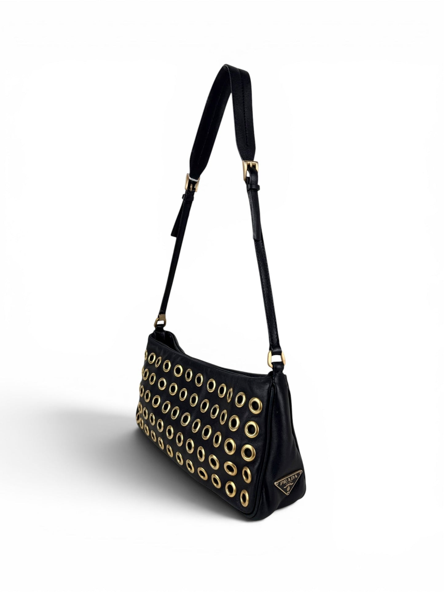 2000s Prada Black Leather Grommet Shoulder Bag | O/S, Black