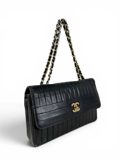 1980s Chanel Single Flap Horizontal Lambskin Leather Bag GHW Vintage | O/S, Black