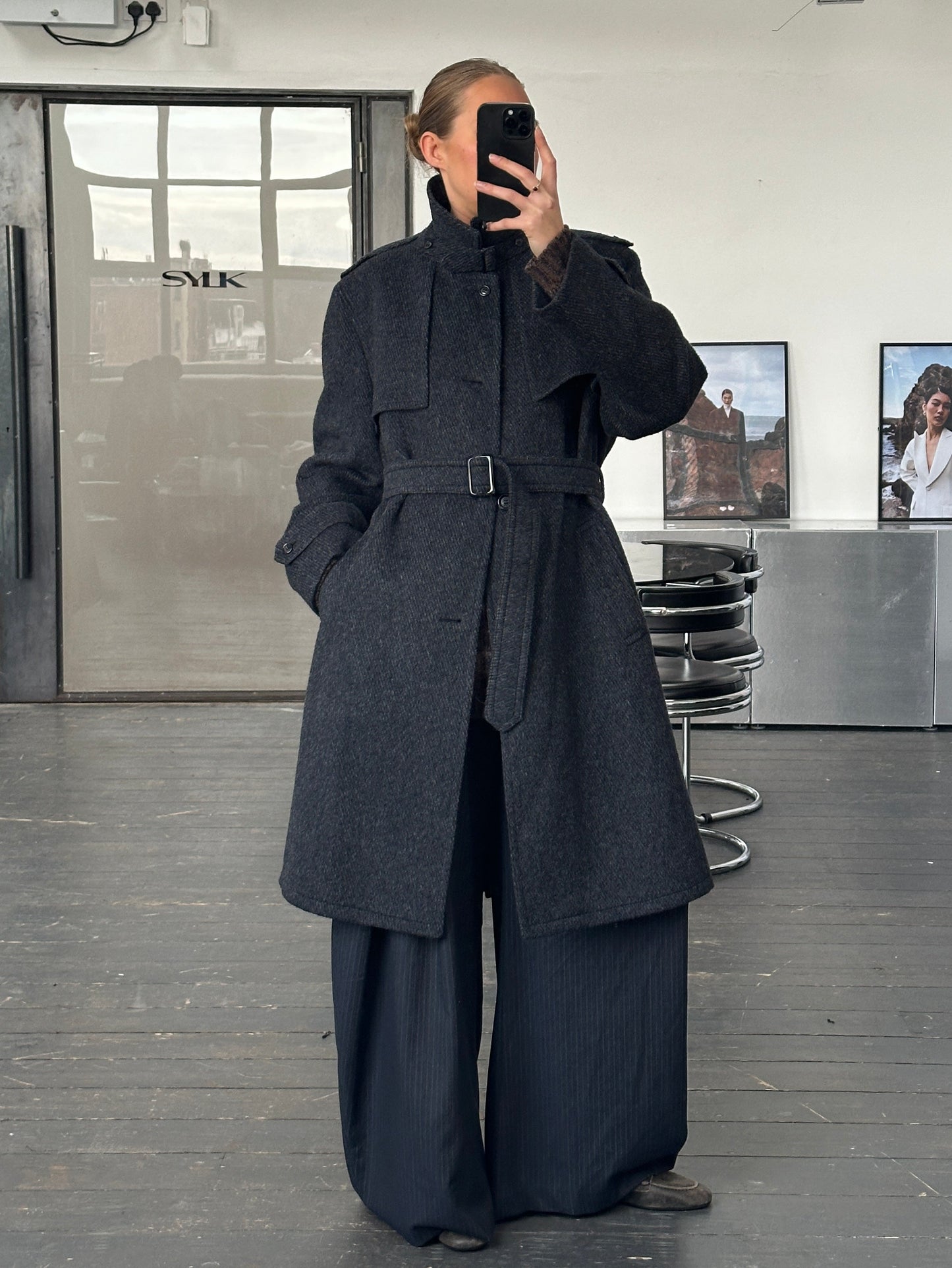 Vintage 1990s Pure Brushed Wool High Neck Belted Coat - XL