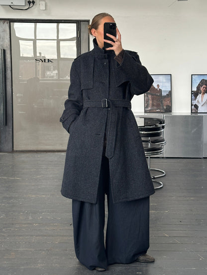 Vintage 1990s Pure Brushed Wool High Neck Belted Coat - XL