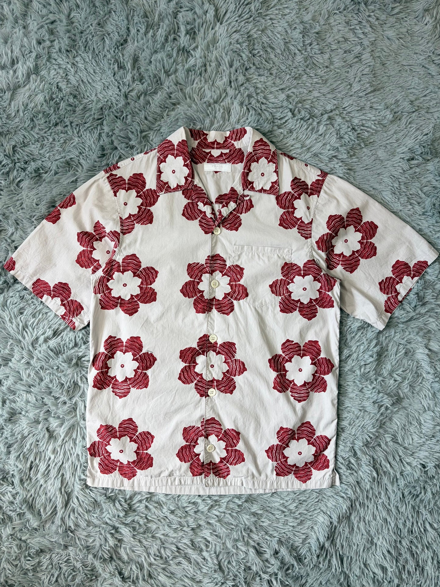 Prada 2016 Floral Logo Print Camp Collar Boxy Shirt - S/M | O/S, Red