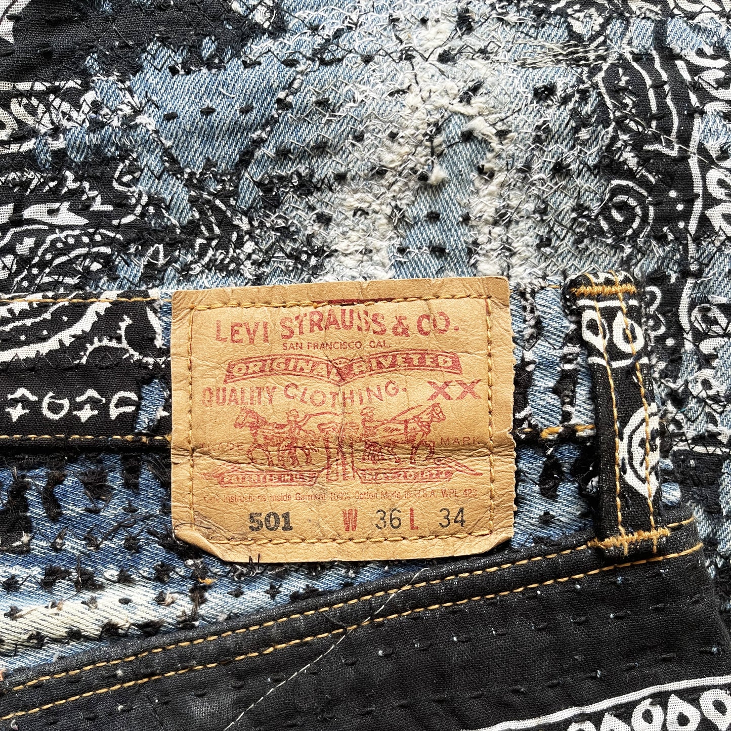 Boro Patchwork Sashiko Distressed Jeans - W34" | W34, Blue