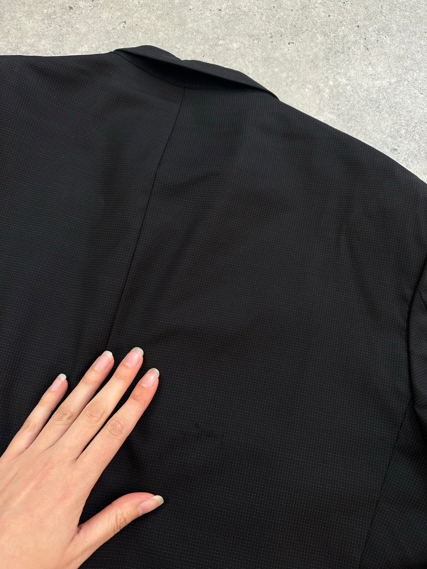 Yves Saint Laurent Pour Homme 1990s pure wool high neck blazer in dark color, size 48R, with structured lapels and tailored fit.