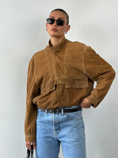 Vintage High Neck Suede Bomber Jacket - M