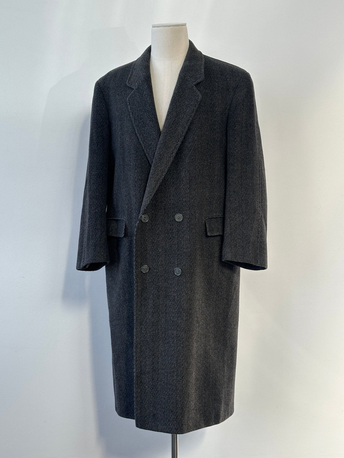 Vintage 1990s Wool Cashmere Herringbone Double Breasted Coat - XL