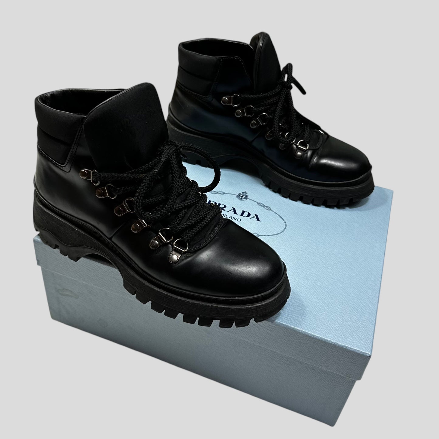 Prada Milano 90’s Leather + Nylon Combat Boots - UK4