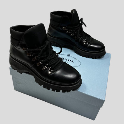 Prada Milano 90’s Leather + Nylon Combat Boots - UK4 | Black
