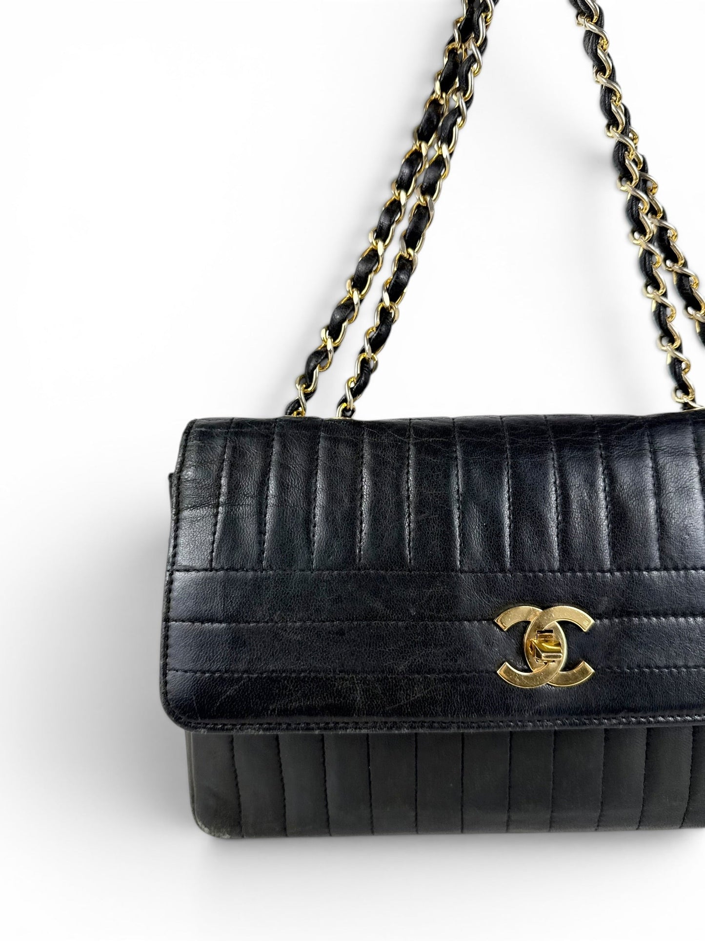 1980s Chanel Single Flap Horizontal Lambskin Leather Bag GHW Vintage | O/S, Black