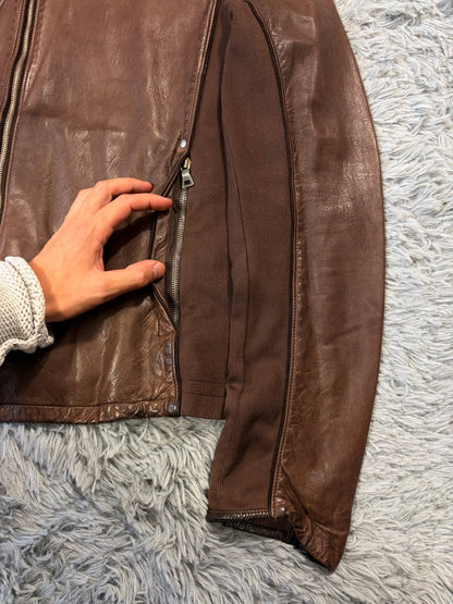Prada Sport 2004 Brown Leather + Cotton Panelled Biker Jacket - L | O/S, Brown