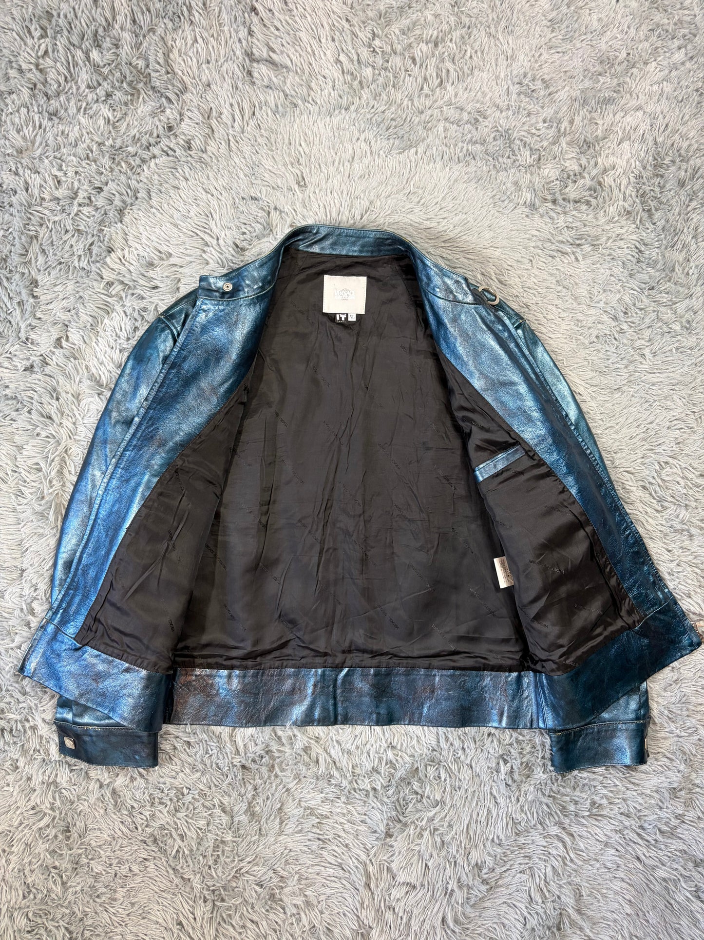 Versace VJC 00’s Blue Leather Metallic Rockstar Jacket - L | O/S, Multicoloured