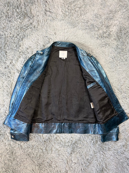 Versace VJC 00’s Blue Leather Metallic Rockstar Jacket - L | O/S, Multicoloured