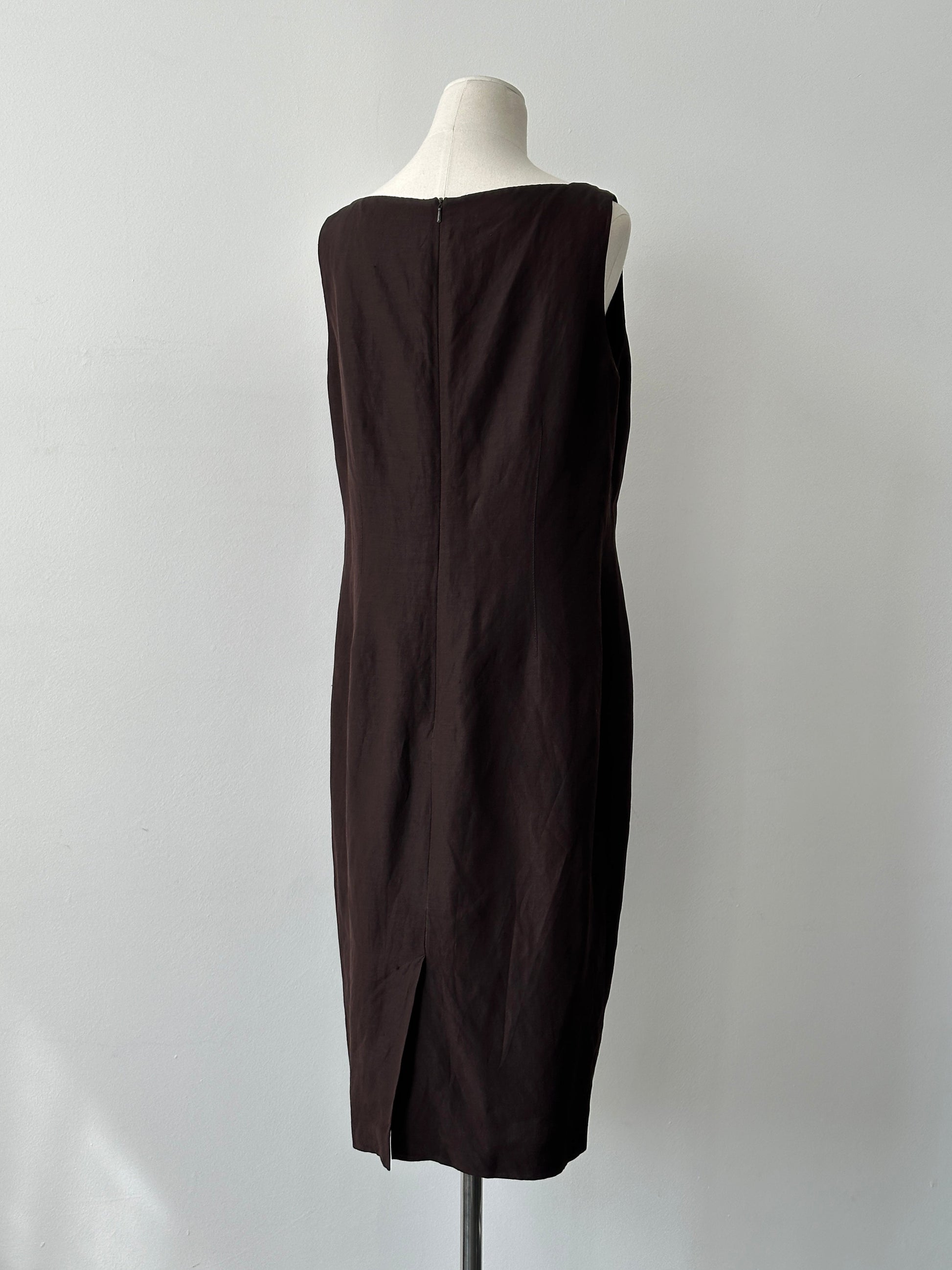 Vintage 1990s Silk Linen Square Neck Midi Dress - L