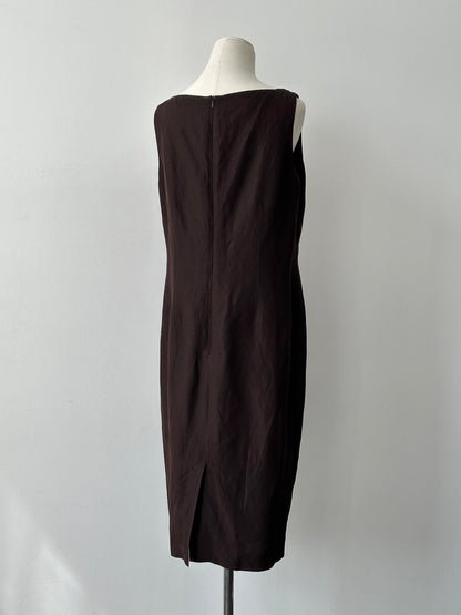 Vintage 1990s Silk Linen Square Neck Midi Dress - L