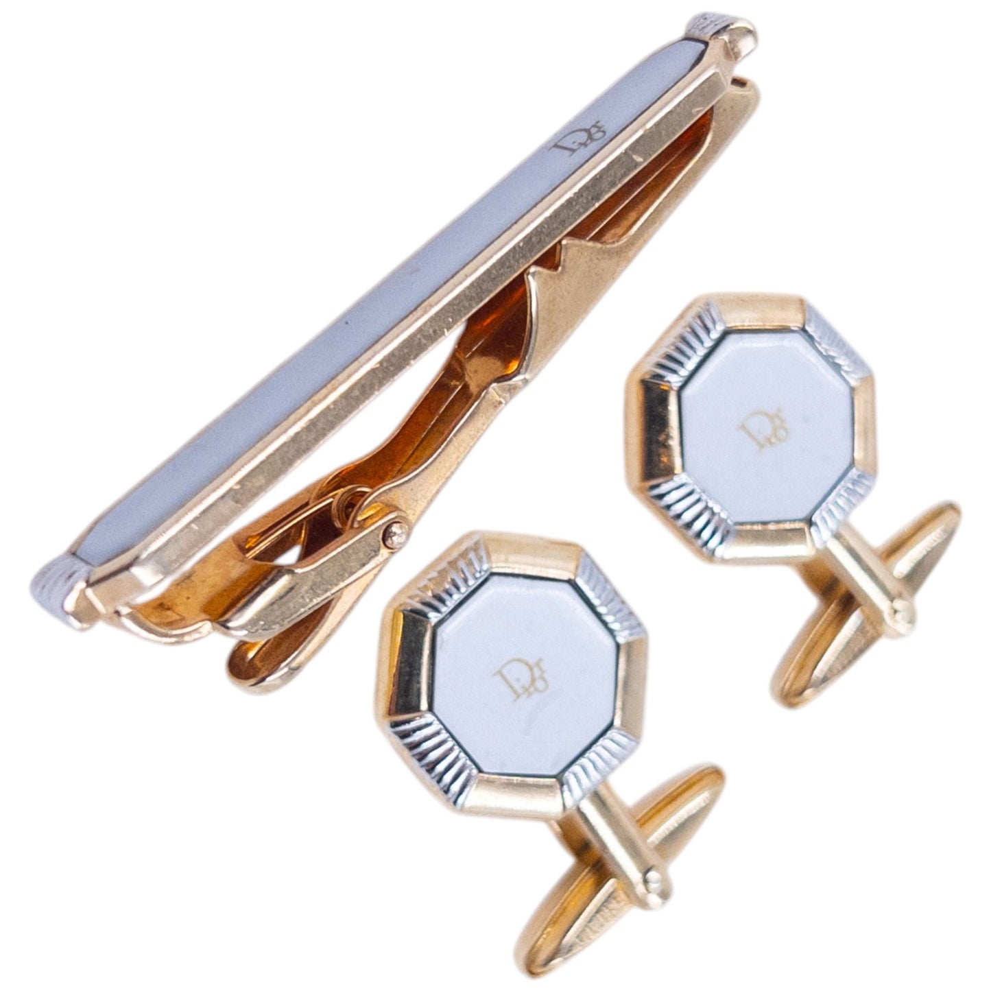 Vintage 90s Dior Embossed Cufflinks & Tie Clip Set | O/S, Gold