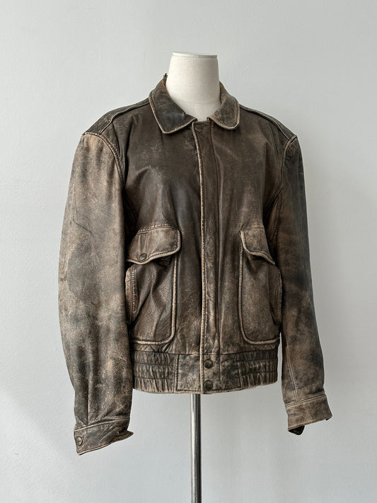 Vintage 1990s Distressed Leather Bomber Jacket - M-L