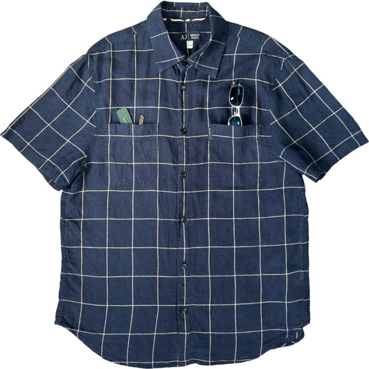 Armani Jeans 00’s Plaid Linen Short Sleeve Shirt M | Medium, Navy