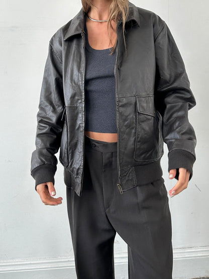 Vintage Smooth Leather Bomber Jacket - L - Known Source