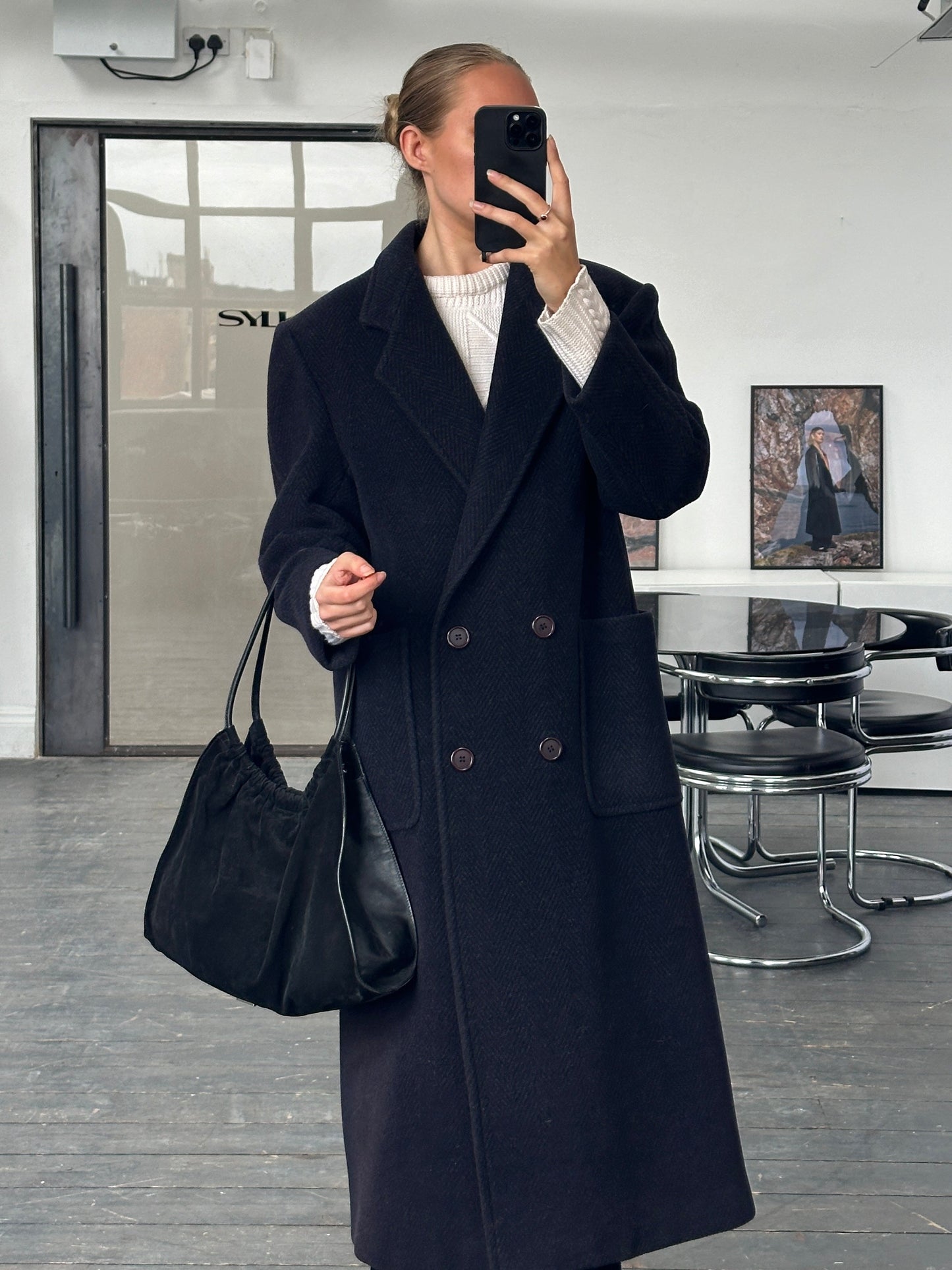 Burberry 1990s Herringbone Wool Double Breasted Coat - M/L