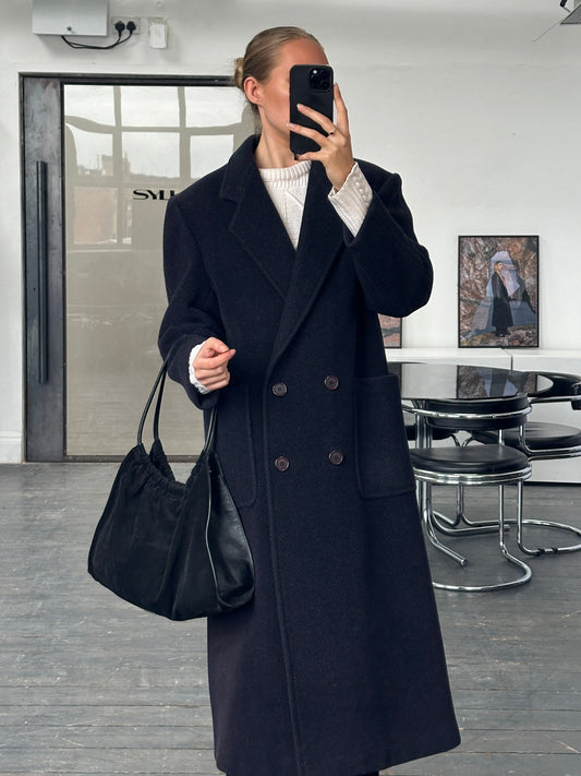 Burberry 1990s Herringbone Wool Double Breasted Coat - M/L