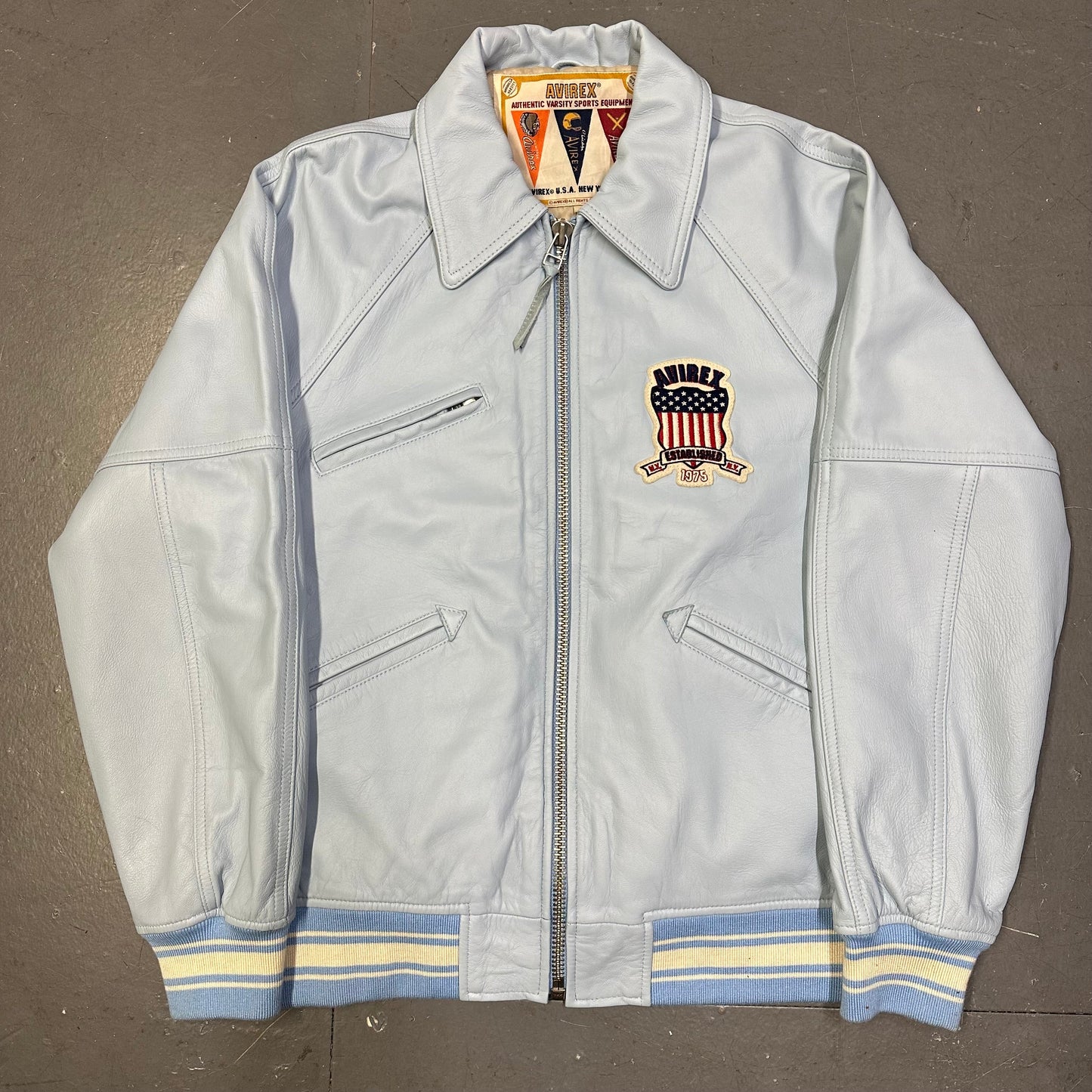 Avirex Icon Leather Jacket In Baby Blue ( L )