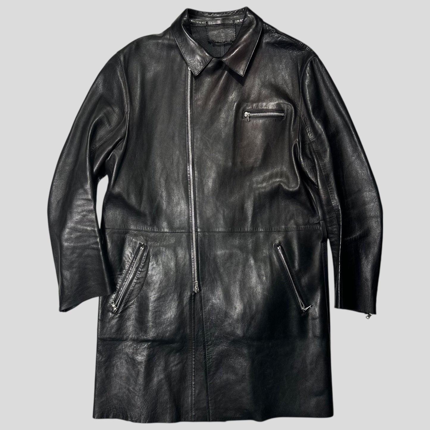 Prada FW99 Calf Leather Moto Long Jacket with Belt Bag - L