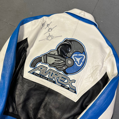 Avirex Fighter Jet Leather Jacket In White & Blue ( L )