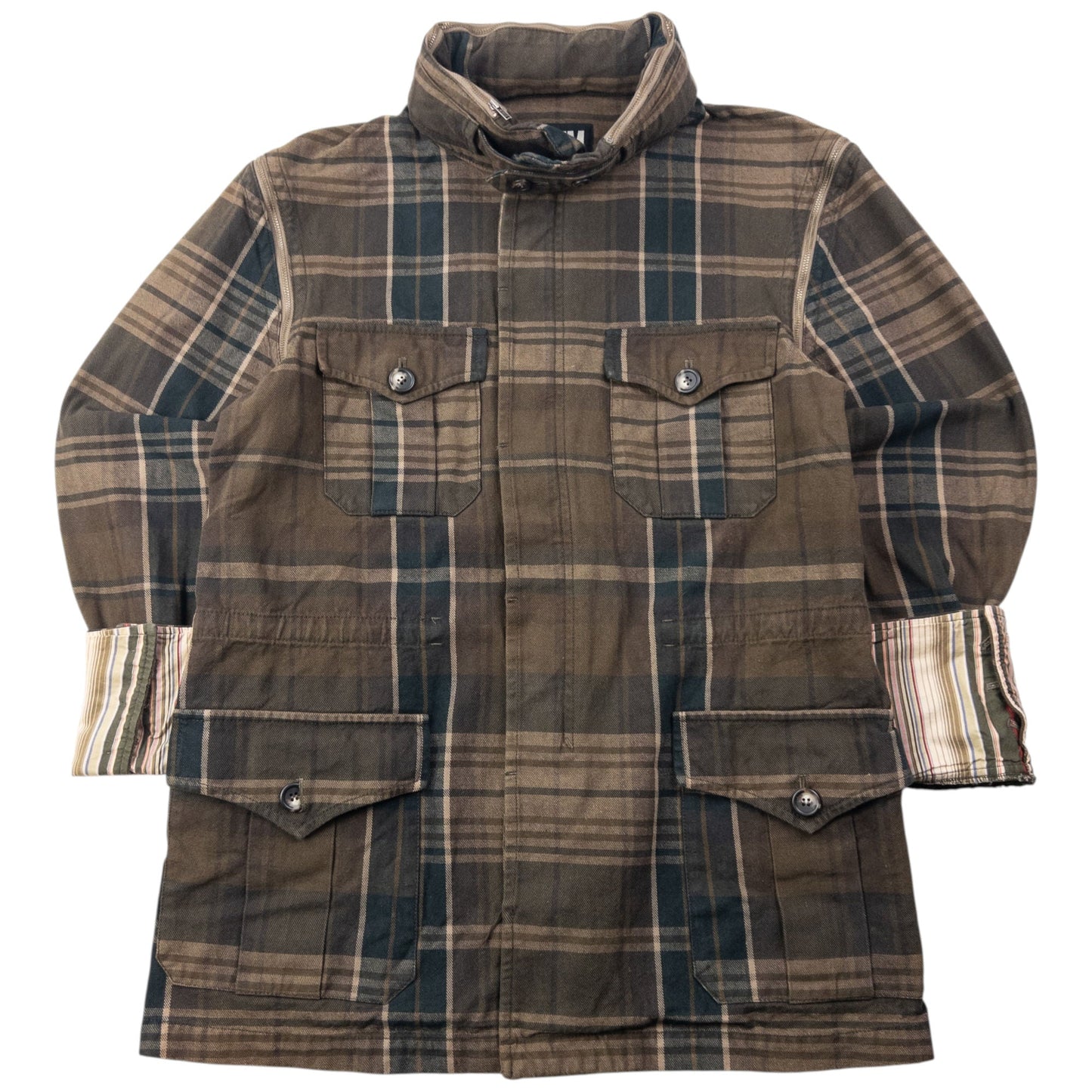Vintage 2000s PPFM Zip Off Sleeve Convertible Jacket Size L | Large, Brown Plaid with Green Hood