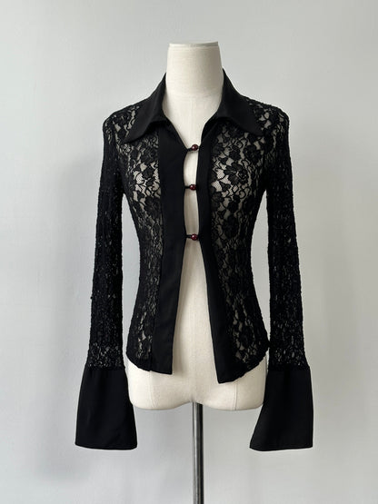 Italian Vintage 2000s Lace Flute Sleeve Open Front Shirt - S