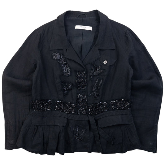 Vintage 2000s Prada Sequin Linen Jacket Womens Size S | Small, Black