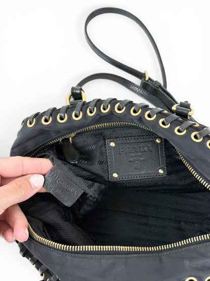 2000s RARE Prada Nylon Grommet Stitch 2Way Handbag | O/S, Black