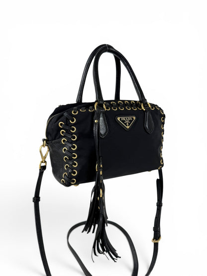 2000s RARE Prada Nylon Grommet Stitch 2Way Handbag | O/S, Black