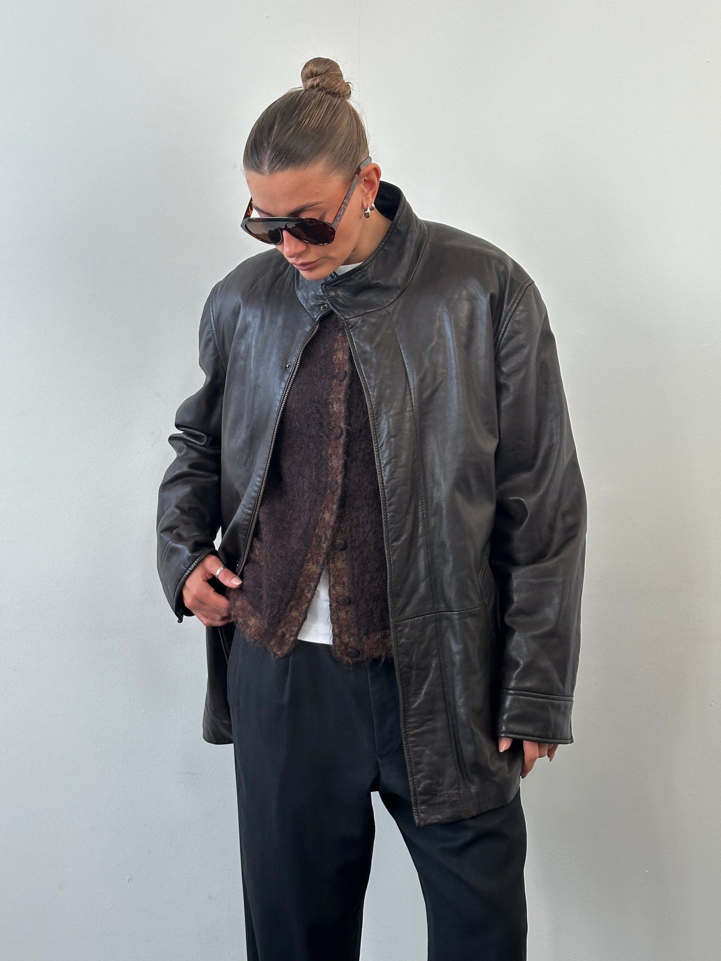 Jaeger 1990s Concealed Placket High Neck Leather Jacket - XL