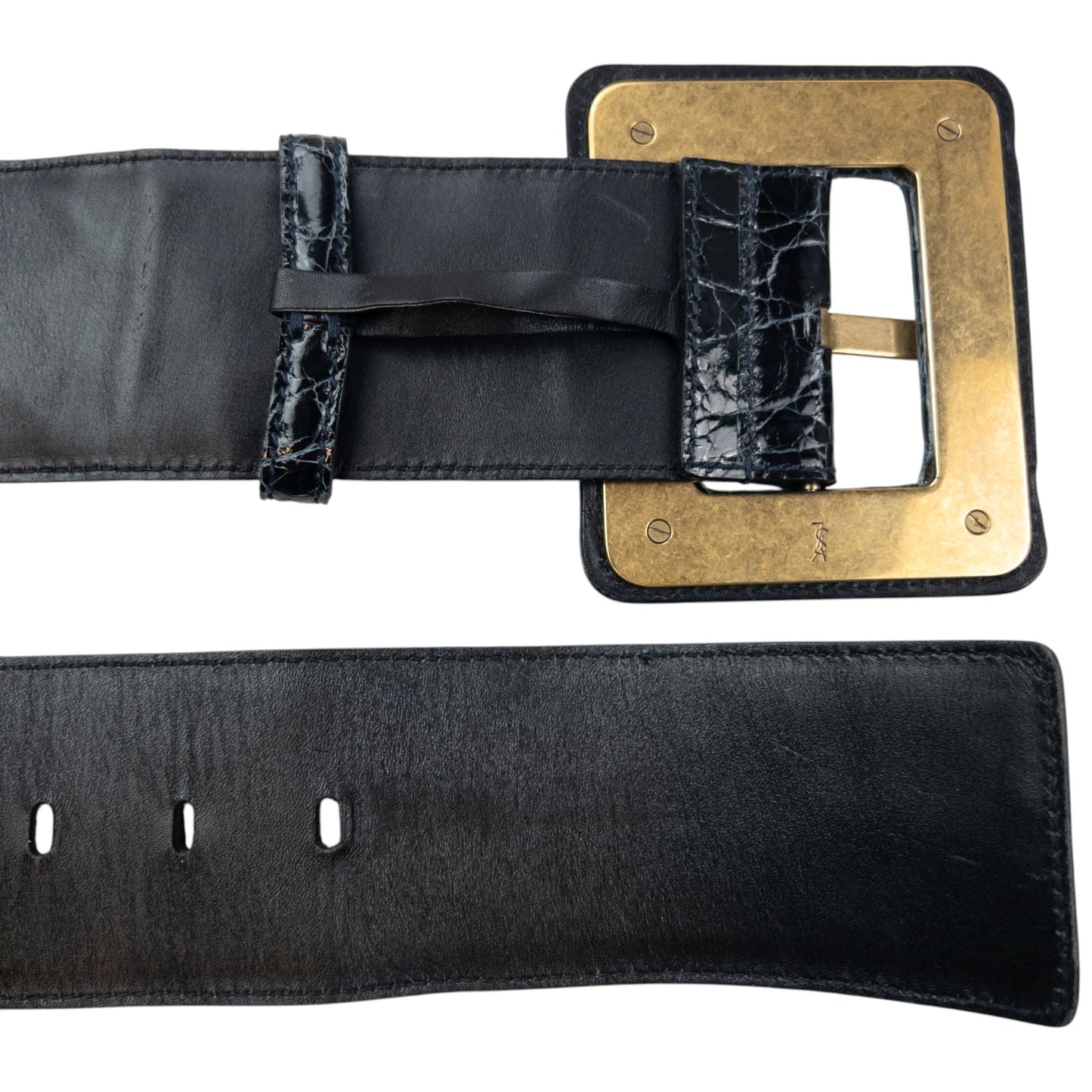 Vintage 90s YSL Yves Saint Laurent Crocodile Embossed Leather Belt Size M | O/S, Black
