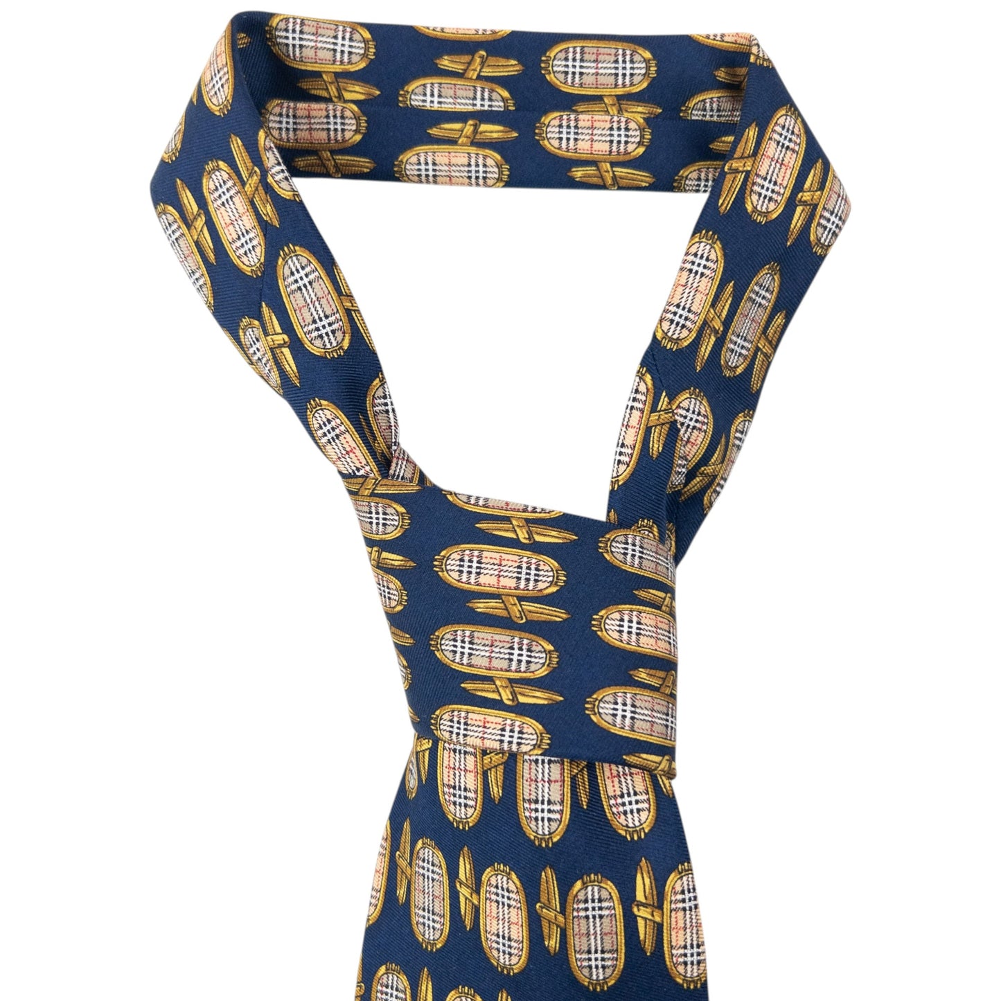 Vintage 80s Burberry Nova Check Cuff Link Print Silk Tie | O/S, Navy