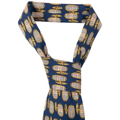 Vintage 80s Burberry Nova Check Cuff Link Print Silk Tie | O/S, Navy