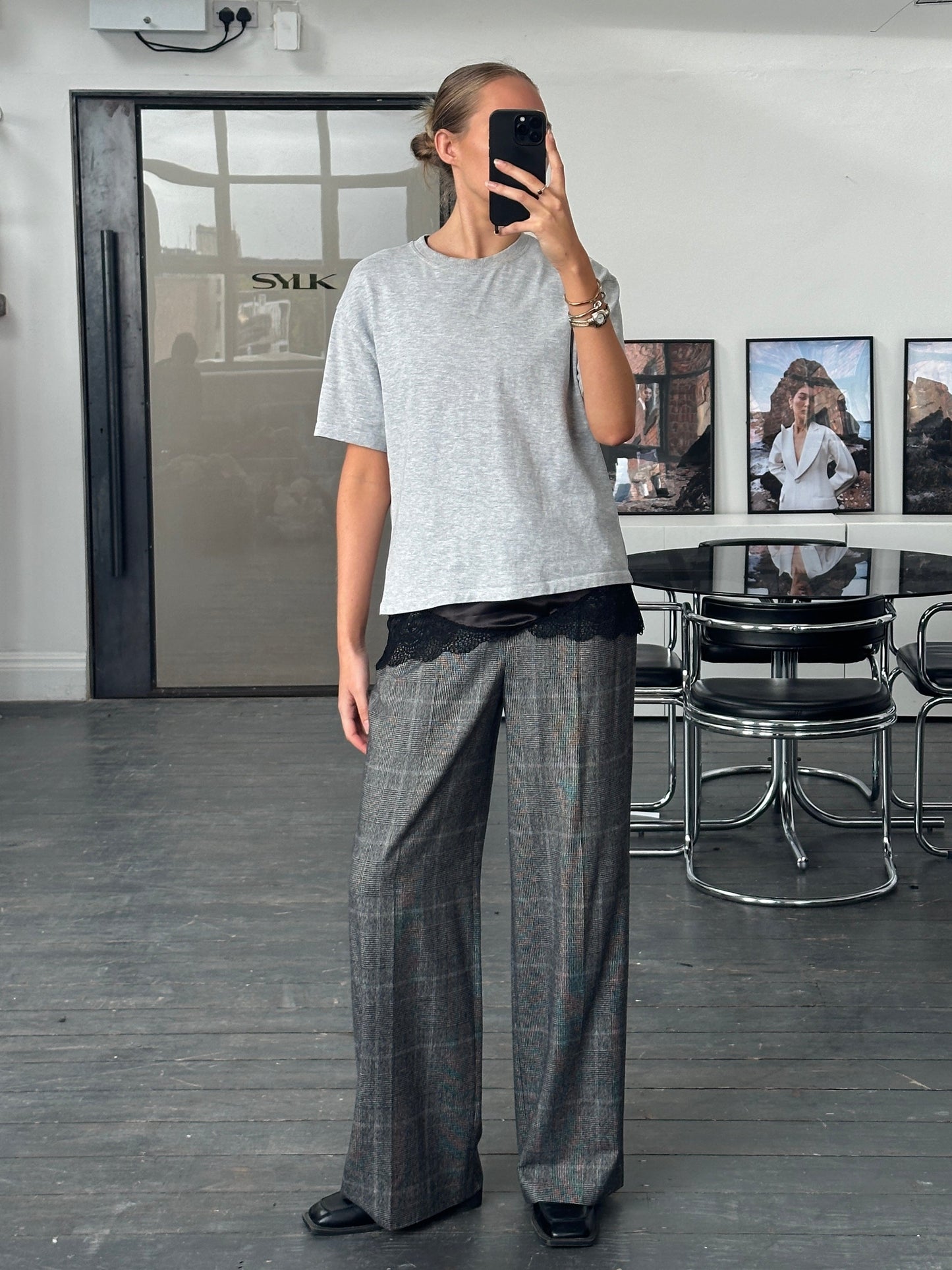 Max Mara 2000s Brushed Wool High Waisted Wide Leg Check Trousers - W28