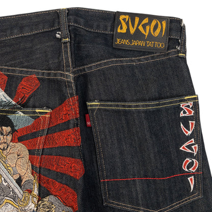 Vintage 2000s Sugoi Embroidered Samurai Geisha Japanese Denim Jeans Size W29 | W29, Black