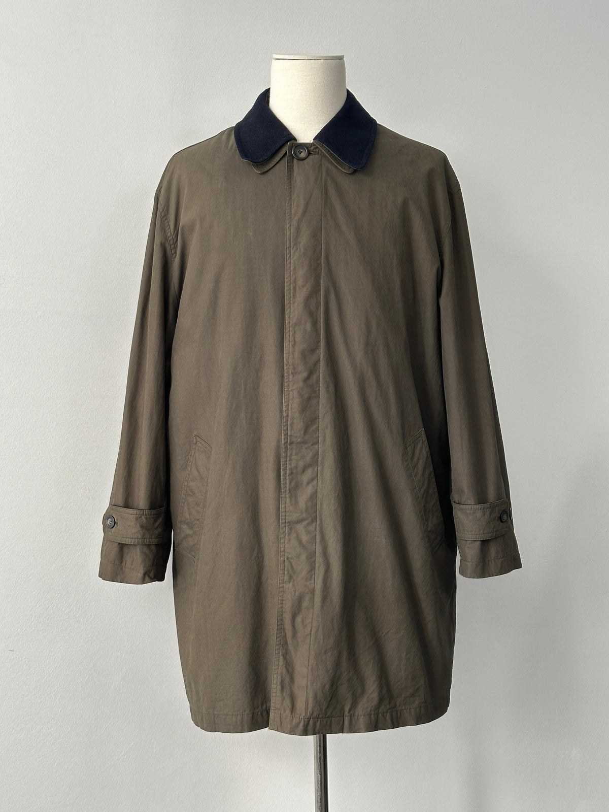 Ralph Lauren Chaps 1990s wool collar cotton trench coat, front view showing classic beige trench with belt and button details.