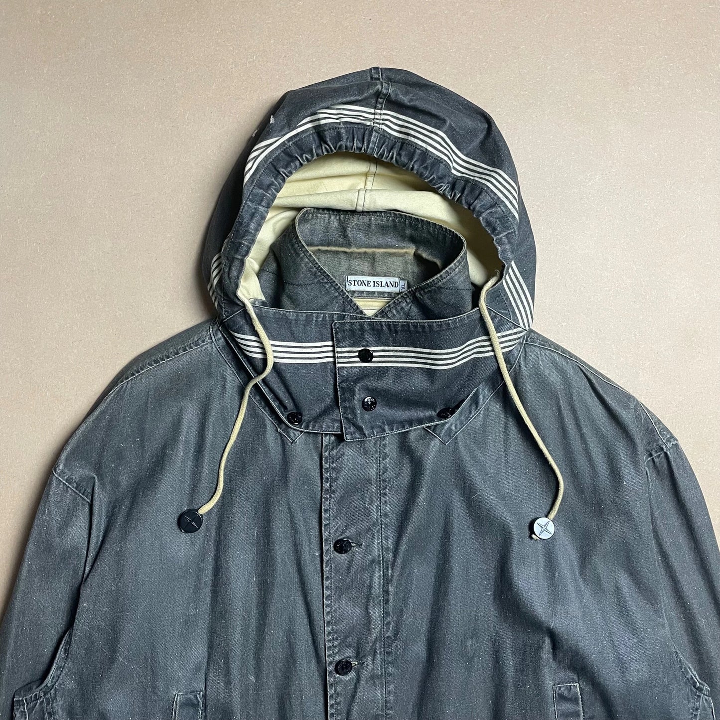 S/S 1986 Charcoal Grey Sail Cloth Marina Spell Out Hooded Coach Jacket