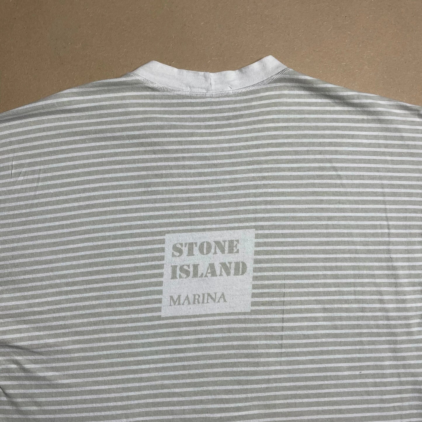 S/S 1986 Stone Grey Marina Spell Out Box Logo T-shirt