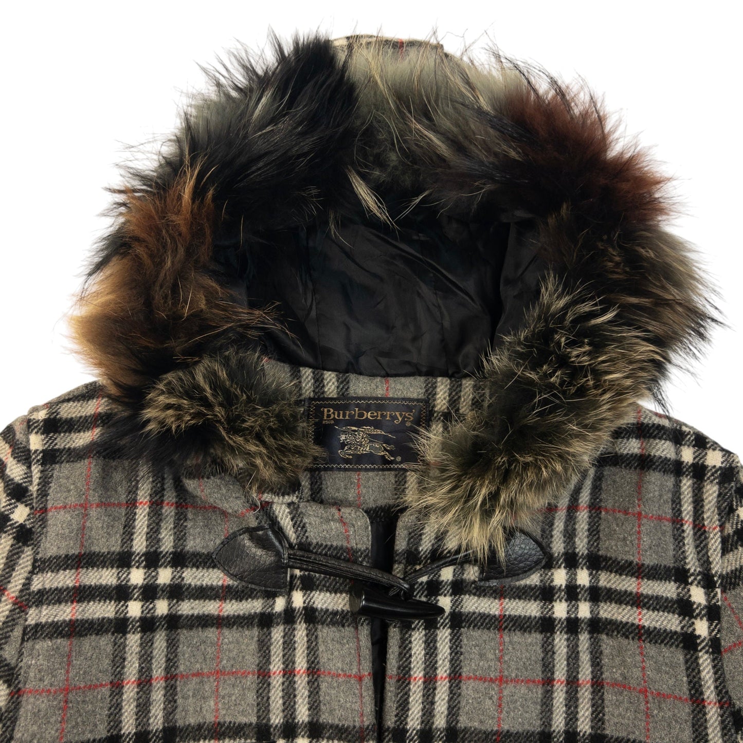 Vintage 90s Burberry Fur Hood Nova Check Wool Duffle Jacket Womens Size M | O/S, Grey