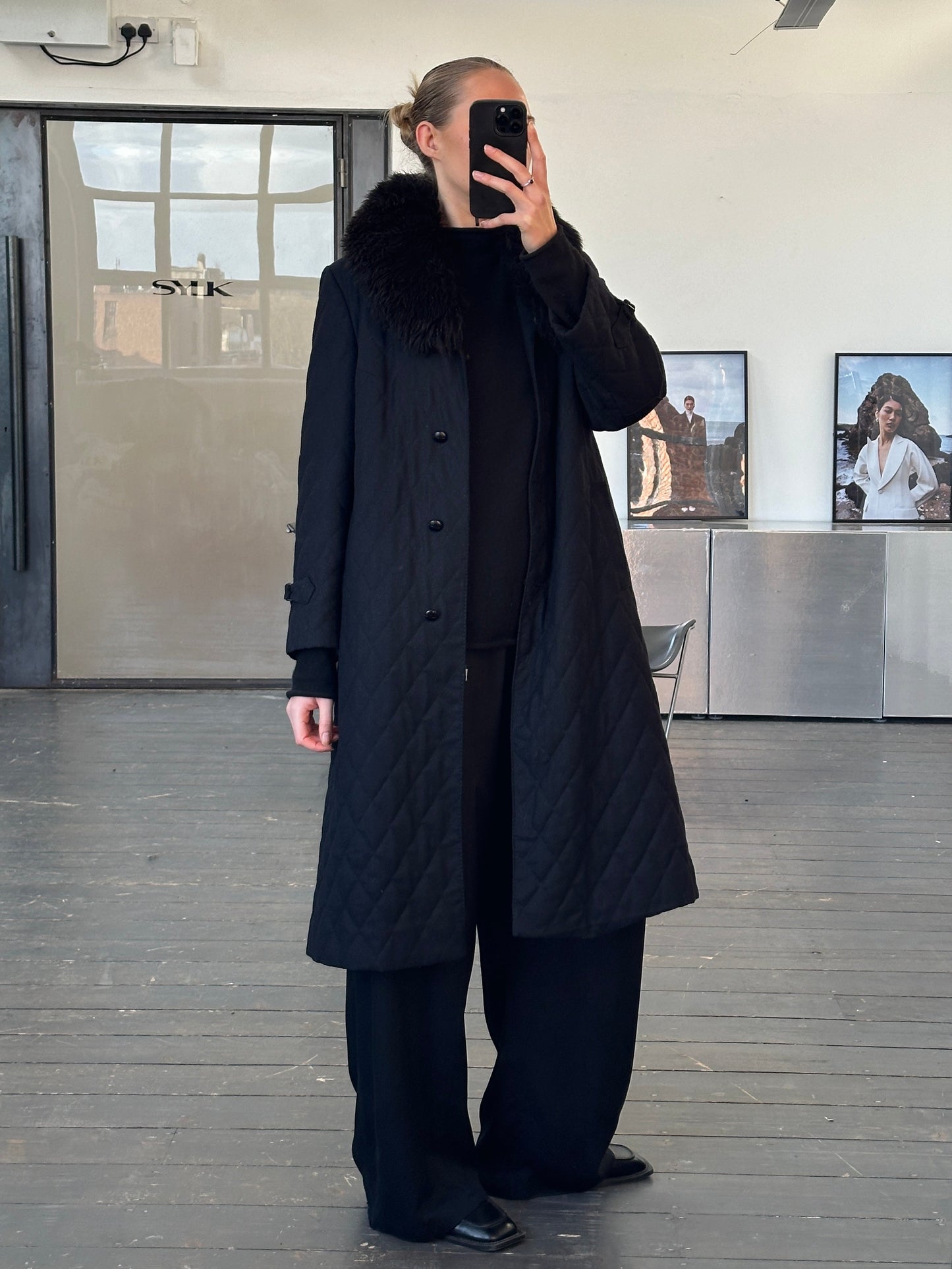 Vintage 1990s Wool Quilted Fur Collar Coat - M