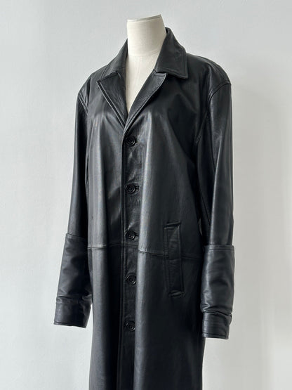 Vintage 1990s Floor Length Leather Trench Coat - L