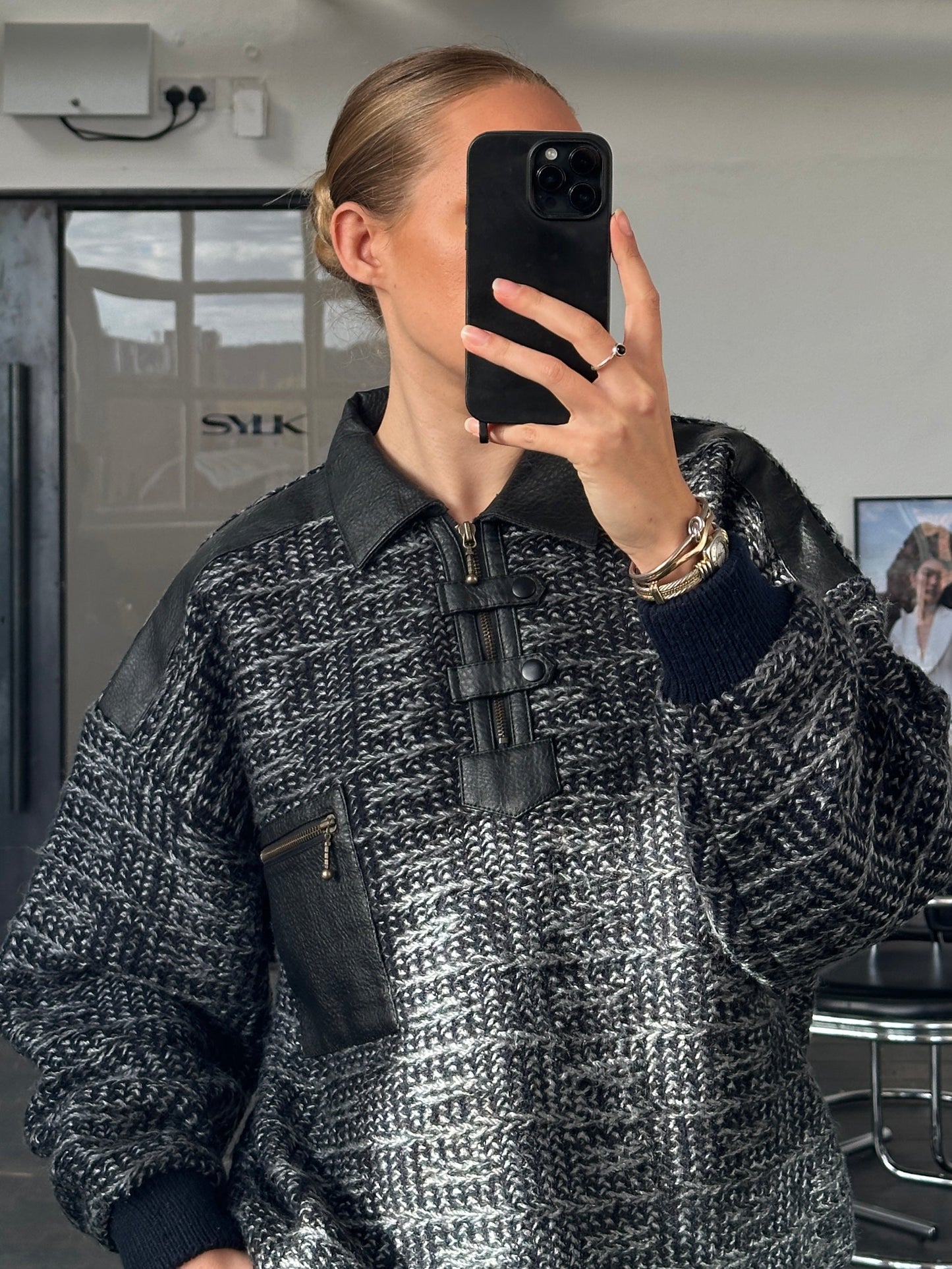 Vintage 1990s Textured Knitted Polo Jumper - L/XL