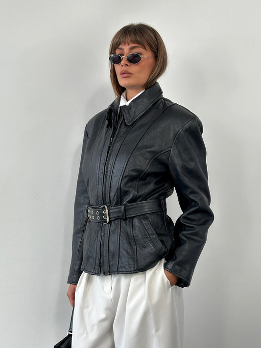 Vintage 1990s High Neck Belted Leather Jacket - M